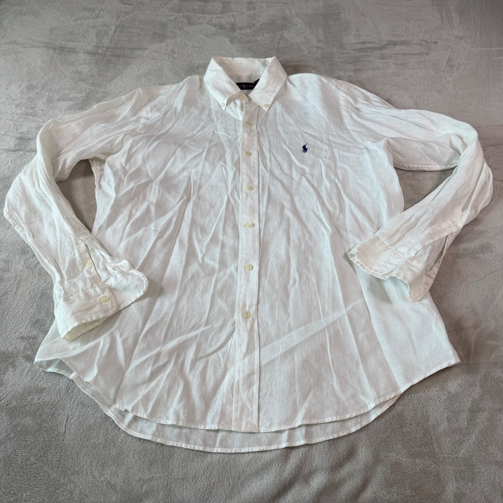 Ralph Lauren Mens Large White 100% Linen Button Down Shirt Long Sleeve Pony Logo